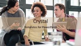  Presentation with wireless internet - Colorful slide set enhanced with young employees using modern device backdrop and a coral colored foreground