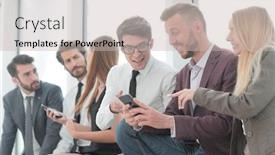  Presentation with smartphones - Amazing slides having young-employees-using-their-smartphones backdrop and a light gray colored foreground