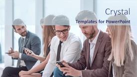  Presentation with smartphones - Amazing slide deck having young-employees-using-their-smartphones backdrop and a sky blue colored foreground