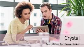  Presentation with german shepherd two young puppys - Cool new theme with young employees watching a video backdrop and a soft green colored foreground