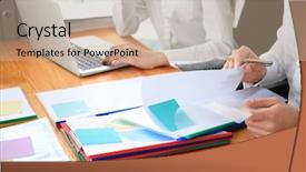  Presentation with office management - Slide set enhanced with young employees working with documents background and a  colored foreground