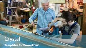  Presentation with drilling - Presentation design with young engineer drilling wooden board background and a teal colored foreground