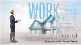  Presentation with blueprint - Presentation theme featuring young-engineer-holding-blueprint-concept background and a light gray colored foreground