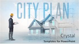  Presentation with blueprint - PPT theme featuring young-engineer-holding-blueprint-concept background and a light blue colored foreground