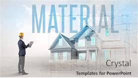  Presentation with material engineer - Presentation design having young-engineer-holding-blueprint background and a light gray colored foreground