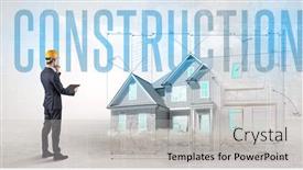  Presentation with planning - Audience pleasing slide set consisting of young-engineer-holding-blueprint backdrop and a light gray colored foreground
