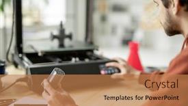  Presentation with printer machine - Beautiful slide deck featuring young-engineer-holding-detail backdrop and a coral colored foreground