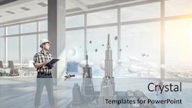  Presentation with media - Amazing PPT layouts having young engineer man mixed media backdrop and a  colored foreground