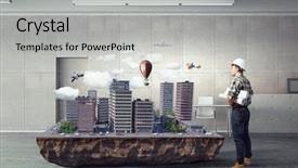  Presentation with media - Colorful presentation theme enhanced with young engineer man mixed media backdrop and a light gray colored foreground