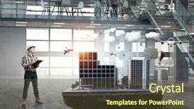  Presentation with media - Slide deck with young engineer man mixed media background and a  colored foreground