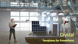  Presentation with media - Colorful presentation design enhanced with young engineer man mixed media backdrop and a  colored foreground