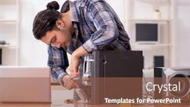 Presentation with music on a pa system - PPT theme with young engineer repairing musical hi-fi system background and a tawny brown colored foreground