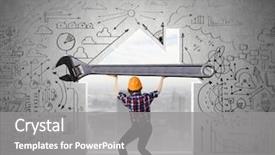  Presentation with woman engineer - Cool new presentation theme with young engineer woman lifting big wrench key above head backdrop and a gray colored foreground