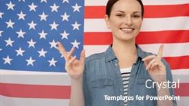  Presentation with english teacher - Slides featuring young-english-teacher-woman-smiling background and a gray colored foreground