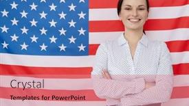  Presentation with english teacher - Presentation theme with young-english-teacher-woman background and a coral colored foreground