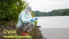  Presentation with environmental chemistry water - Amazing PPT theme having young environmentalist takes water samples backdrop and a tawny brown colored foreground