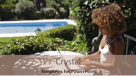  Presentation with ethnic - Colorful slides enhanced with young ethnic woman in white swimming suit posing at table in garden of tropical resort and watching laptop in sunlight backdrop and a coral colored foreground