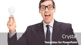  Presentation with black light - Beautiful slide set featuring young excited businessman in a black suit holding a light bulb and looking at the camera isolated on white background backdrop and a dark gray colored foreground