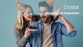  Presentation with birthday party - Beautiful slide deck featuring young-excited-couple-in-party backdrop and a light blue colored foreground