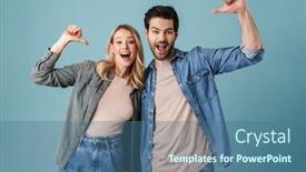  Presentation with fingers - Theme having young-excited-man-and-woman background and a ocean colored foreground