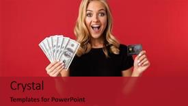  Presentation with image of car racing - Beautiful presentation theme featuring young excited woman holding money backdrop and a crimson colored foreground