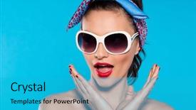  Presentation with announcing - Amazing PPT theme having young excited woman wearing sunglasses and red bandana screaming surprised brunette girl over blue background pin up girl announcing something with happy and shocked expression backdrop and a teal colored foreground