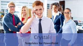  Presentation with ethnic group - Amazing presentation design having young executive talking phone in multi ethnic teamwork group as leader in office backdrop and a teal colored foreground