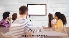  Presentation with radio and television awards - Colorful PPT theme enhanced with young executives watching at television backdrop and a  colored foreground