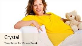  Presentation with pure white - Cool new PPT layouts with young expecting mother is sitting on a couch at home high key image over pure white background backdrop and a yellow colored foreground