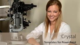  Presentation with eye doctor - Slides having young eye doctor in her office with instruments on the background background and a coral colored foreground