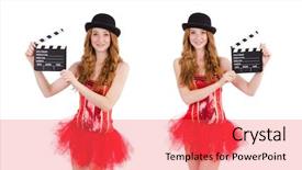  Presentation with scroll paper isolated on white - Beautiful slides featuring young fairy with clapperboard isolated backdrop and a red colored foreground