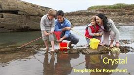  Presentation with shells - Audience pleasing slide deck consisting of young family at beach collecting backdrop and a tawny brown colored foreground
