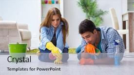  Presentation with cleaning - PPT theme featuring young family cleaning the house background and a light blue colored foreground