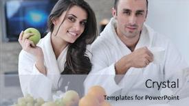  Presentation with newspaper - Theme having young family couple read newspaper at kitchen in morning with fresh breakfast fruits food and coffee drink on table background and a light blue colored foreground