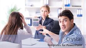  Presentation with mortgage - Presentation design consisting of young family dissappointed at high interest mortgage rate in ban background and a light blue colored foreground