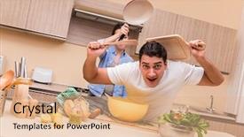 Presentation with fight - Beautiful slide set featuring young family doing funny fight at kitchen backdrop and a coral colored foreground