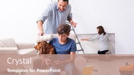  Presentation with home renovation - Colorful PPT theme enhanced with young-family-doing-home-renovation backdrop and a coral colored foreground