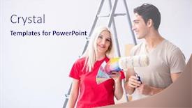  Presentation with home renovation - PPT theme enhanced with young family doing painting job during home renovation background and a sky blue colored foreground