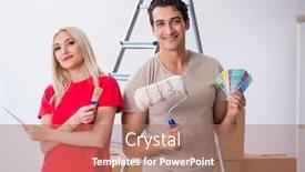  Presentation with home renovation - PPT theme featuring young family doing painting job during home renovation background and a coral colored foreground