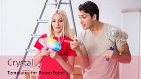  Presentation with home renovation - Slide deck enhanced with young family doing painting job during home renovation background and a red colored foreground