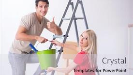  Presentation with home renovation - Presentation design having young family doing painting job during home renovation background and a sky blue colored foreground
