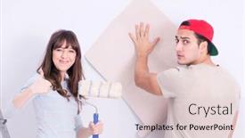  Presentation with home renovation - Beautiful slide set featuring young family doing renovation at home with new wallpaper backdrop and a lemonade colored foreground