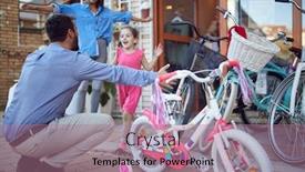  Presentation with family shopping - Presentation theme enhanced with young family enjoying shopping new bicycle in bike shop background and a coral colored foreground