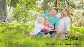  Presentation with family reading - Beautiful presentation theme featuring young family enjoys reading a book together in the park backdrop and a gold colored foreground