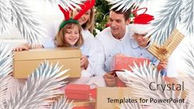  Presentation with family tree - Amazing PPT layouts having young family having fun with christmas gifts against fir tree branches forming frame backdrop and a coral colored foreground