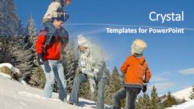  Presentation with winter family - Presentation theme having young family having fun in winter landscape background and a teal colored foreground