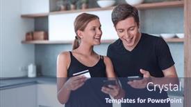  Presentation with online payment - PPT layouts with young family making an online payment on smartphone background and a ocean colored foreground