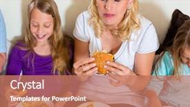  Presentation with fast food - Presentation having young family - mother and daughters - is eating hamburger or fast food at home background and a coral colored foreground