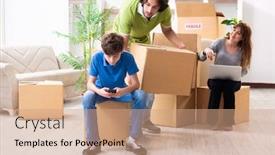  Presentation with flat - Audience pleasing PPT theme consisting of young-family-moving-to-new backdrop and a coral colored foreground