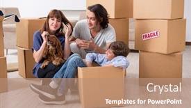  Presentation with flat - Presentation theme having young-family-moving-to-new background and a coral colored foreground